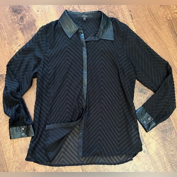 NWT guess Womens semi sheer chevron blouse shirt button down large - Picture 1 of 8